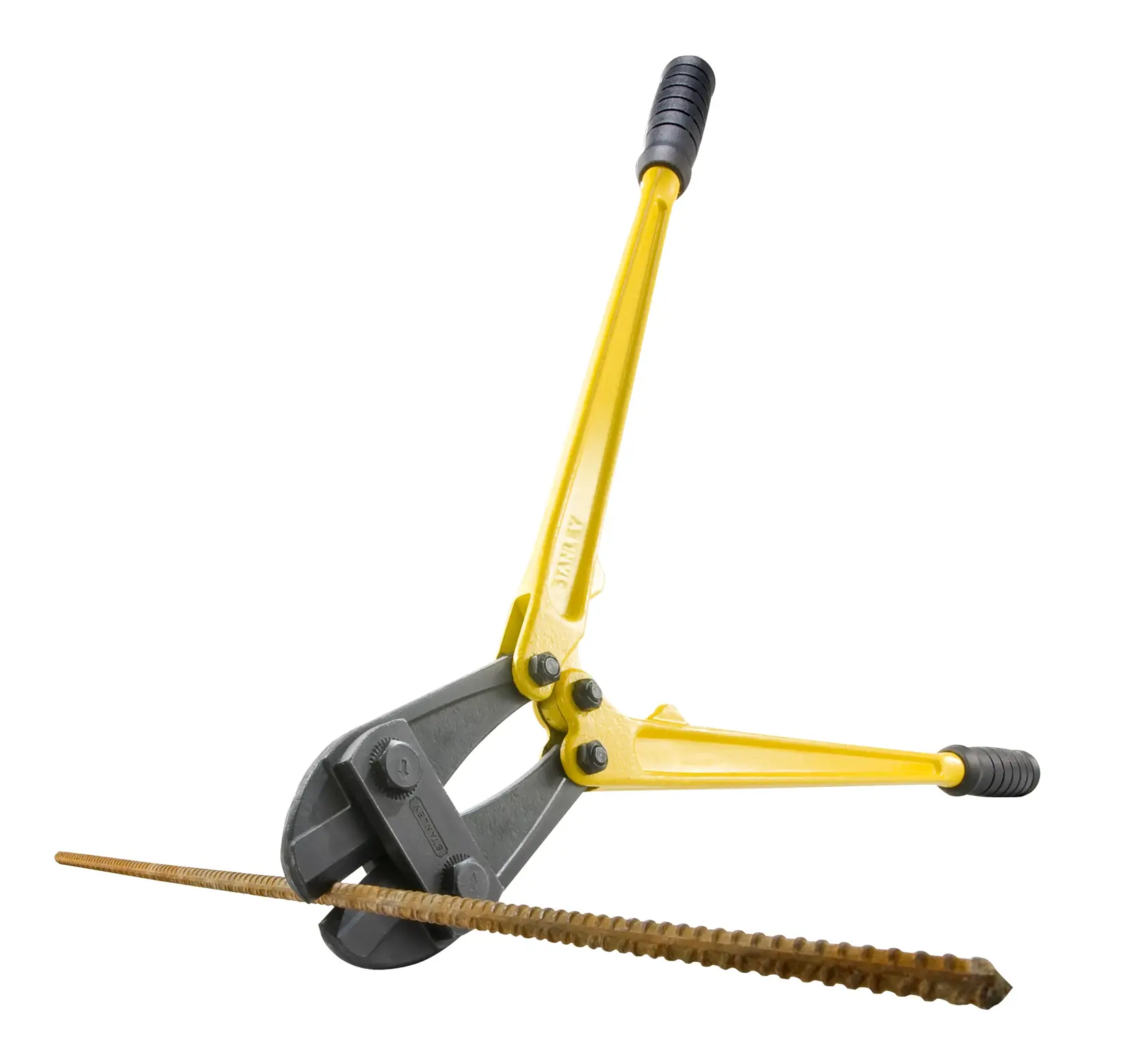 Yellow Stanley bolt cutter cutting a metal rod, tool shown on a white background.