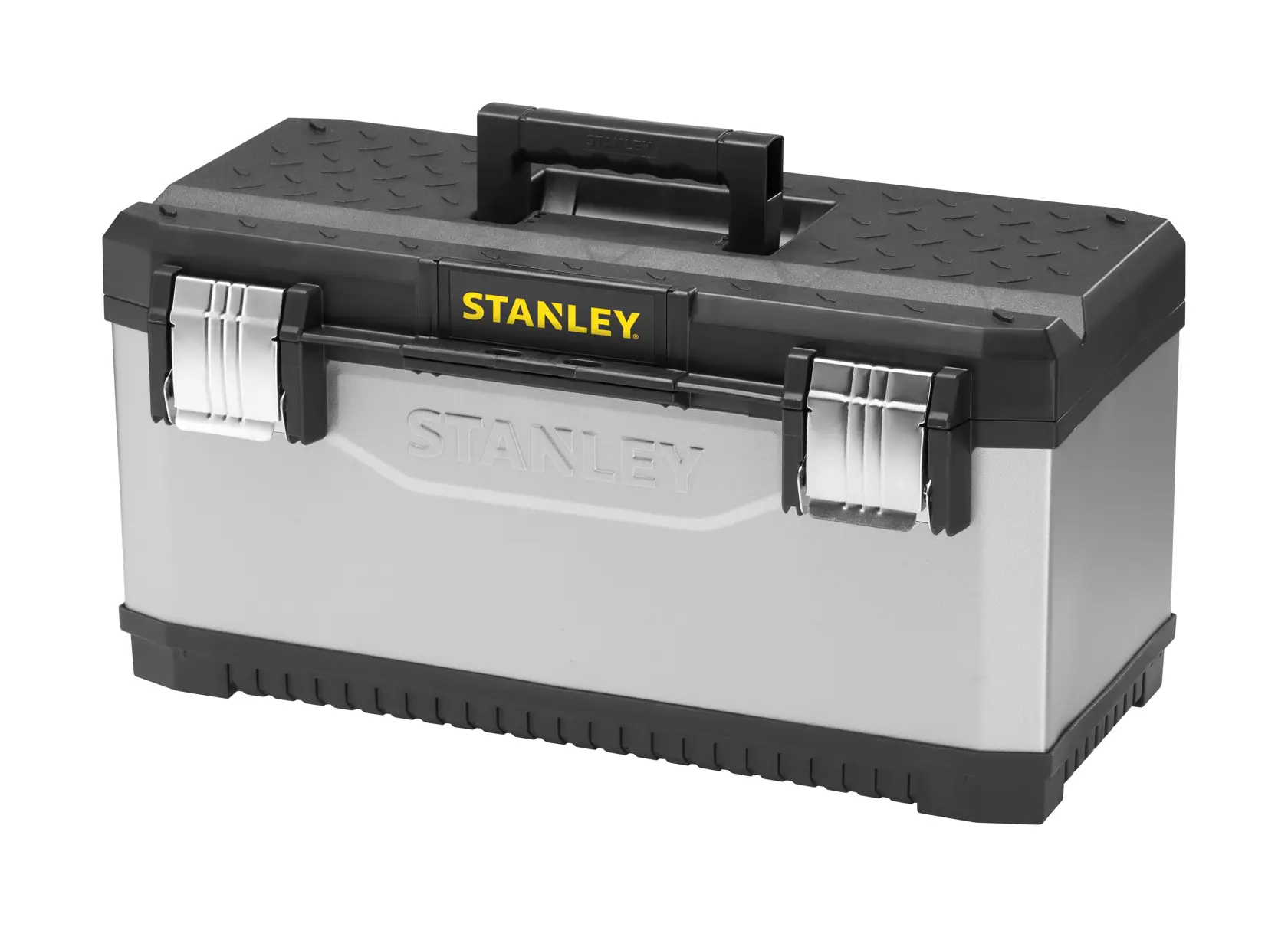 Silver and black Stanley toolbox with metal latches and handle on top, photographed against a white background.