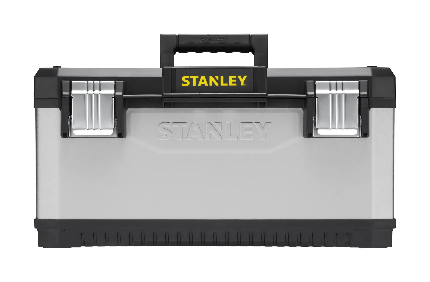 STANLEY 1-95-616 toolbox front view, silver body with black and yellow handle, two metal latches.