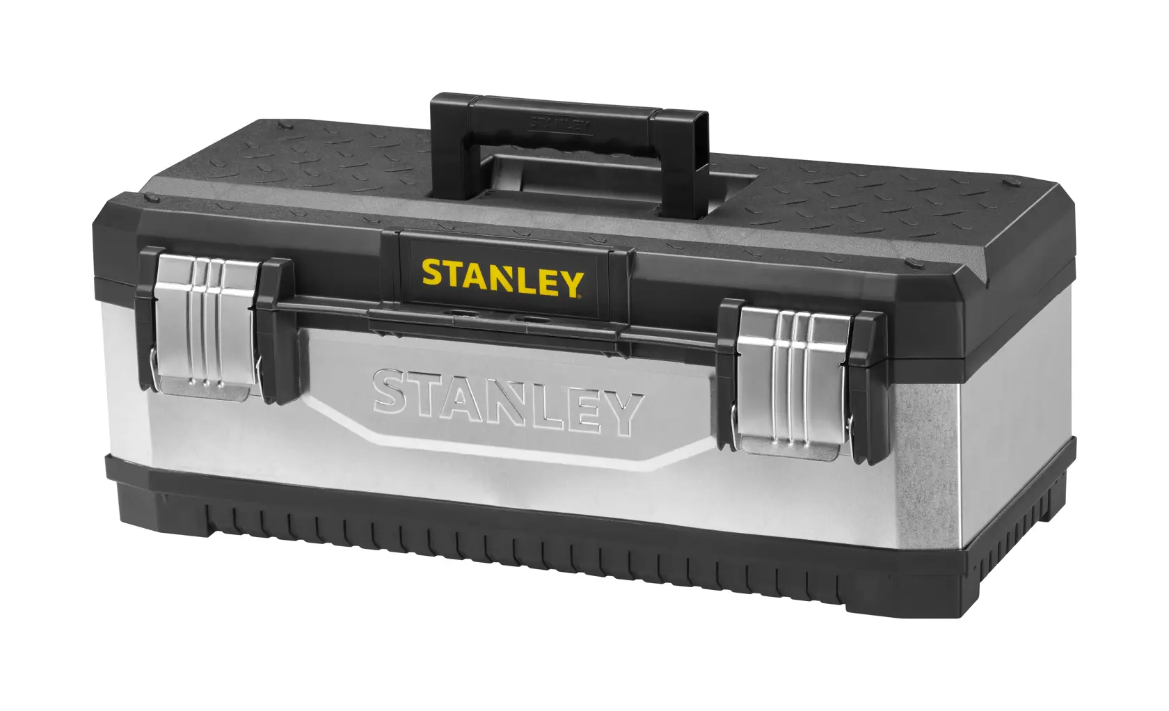 STANLEY 1-95-619 metal and plastic toolbox, front angle, with black handle and dual metal latches.