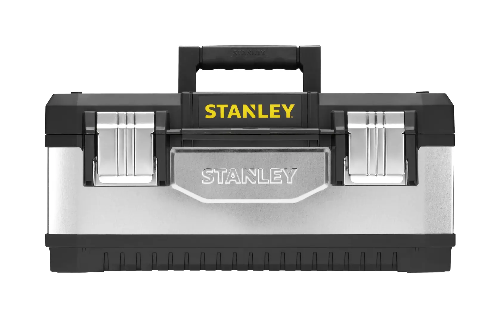 Photo of STANLEY 1-95-619 metal toolbox, front view, with black handle and silver latches.