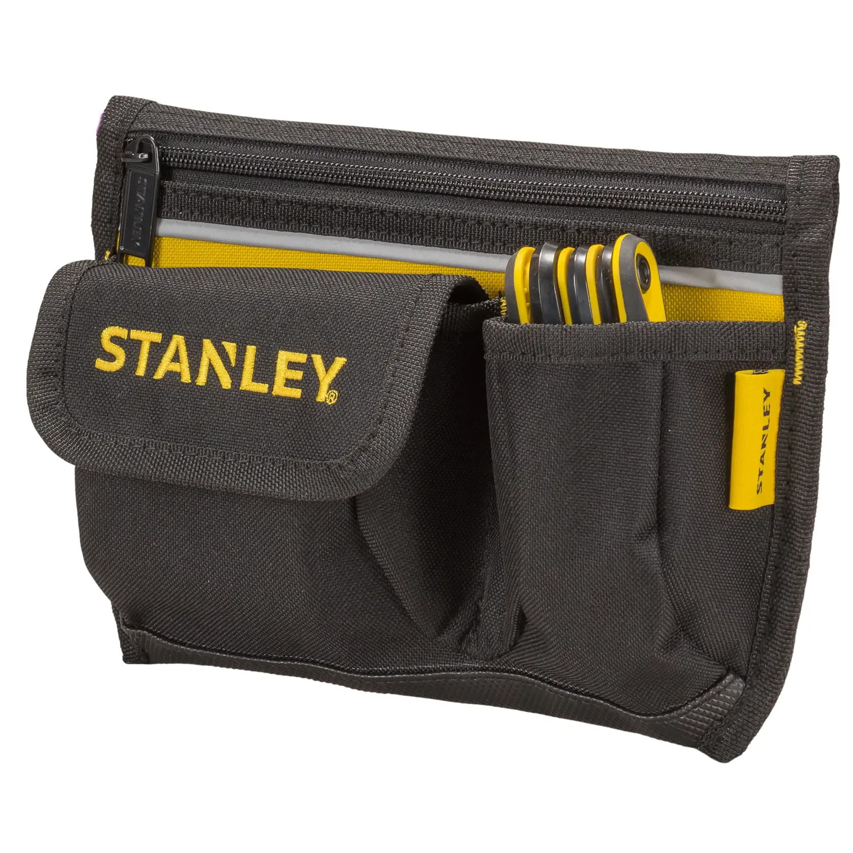 STANLEY 1-96-179 tool pouch, black fabric with multiple pockets, front angle, yellow logo and zipper.