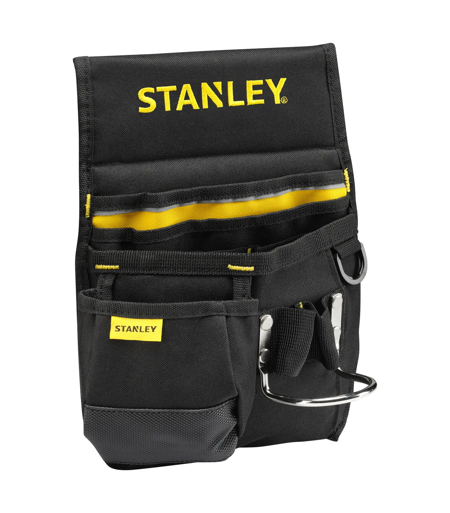 Photo of STANLEY 1-96-181 black tool pouch with multiple pockets, front view on white background.
