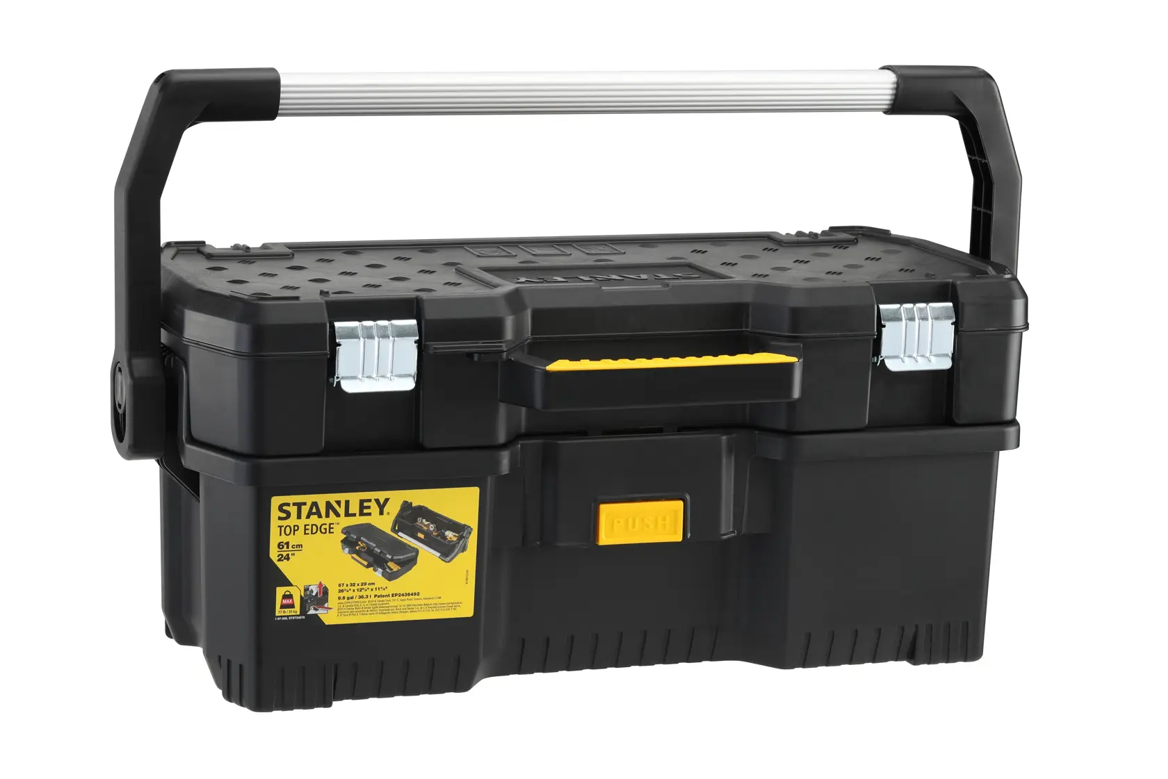 STANLEY 1-97-506 black toolbox with yellow accents, metal latches, front angle, sturdy top handle