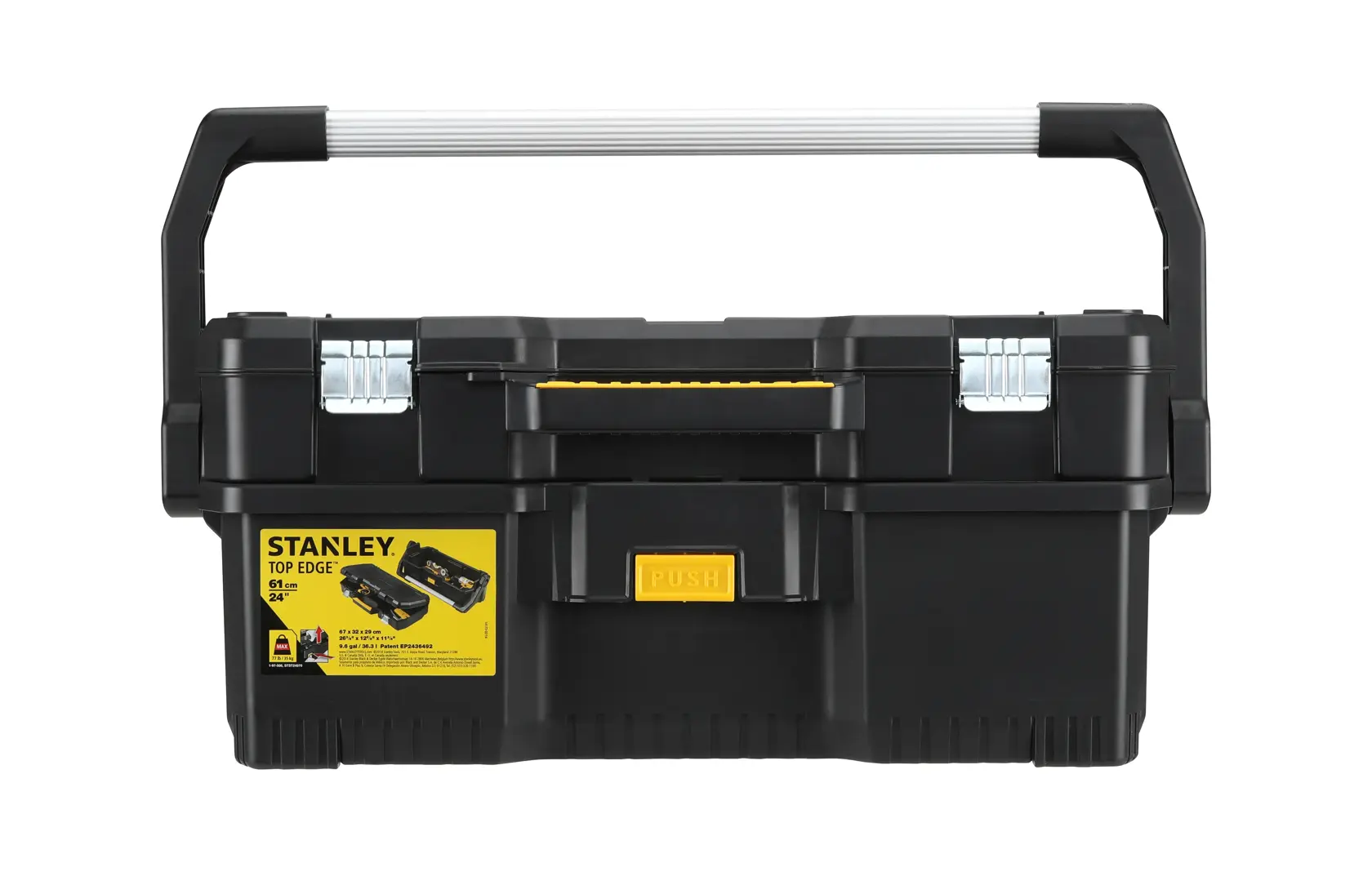 STANLEY 1-97-506 black toolbox with metal handle front view on white background