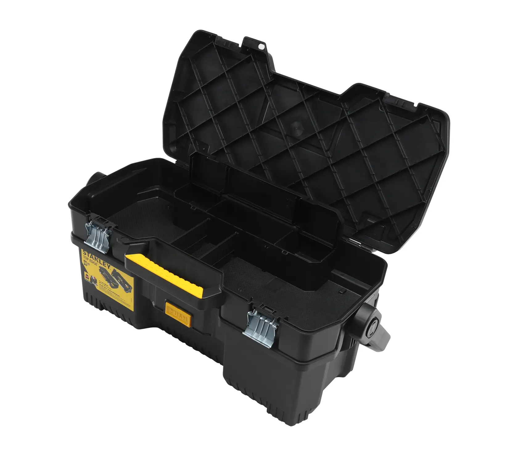 STANLEY 1-97-506 black tool box with yellow handle and open lid, angled front view.