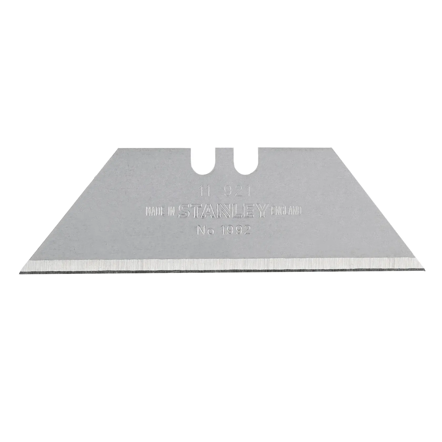 Photo of STANLEY 1-98-460 utility knife blade, silver, straight edge, front angle on white background.