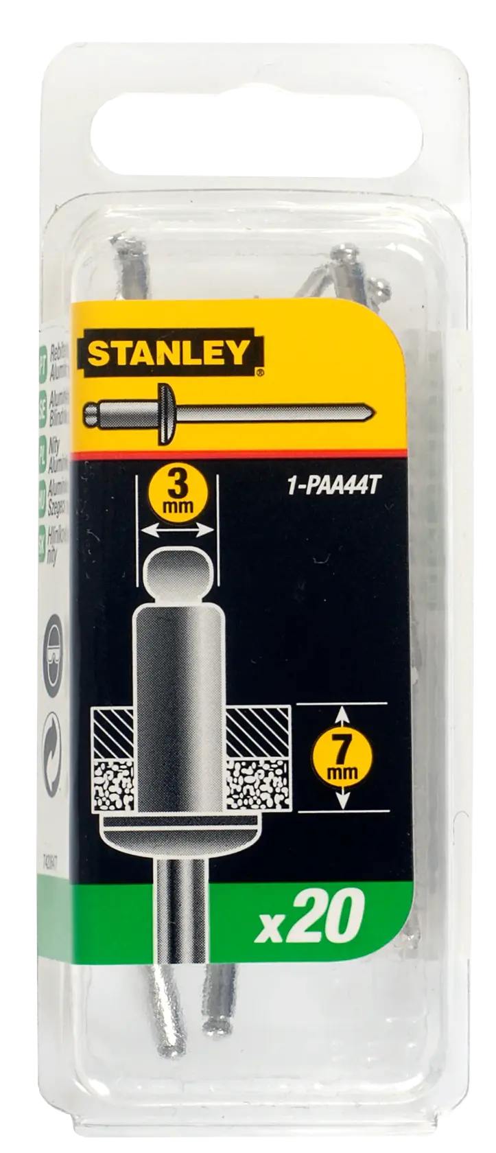 Stanley pack of 20 aluminum blind rivets, 3mm diameter, 7mm grip range, for general fixing jobs.