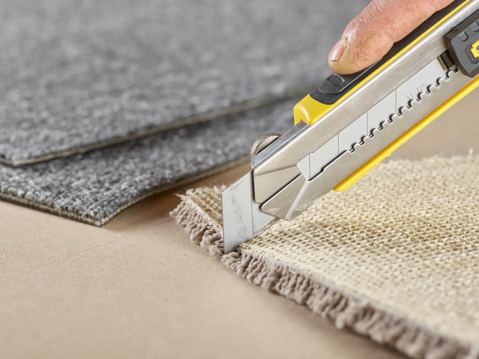 STANLEY 2-11-725 utility knife cutting carpet, close-up side view, showing sharp blade and ergonomic handle.