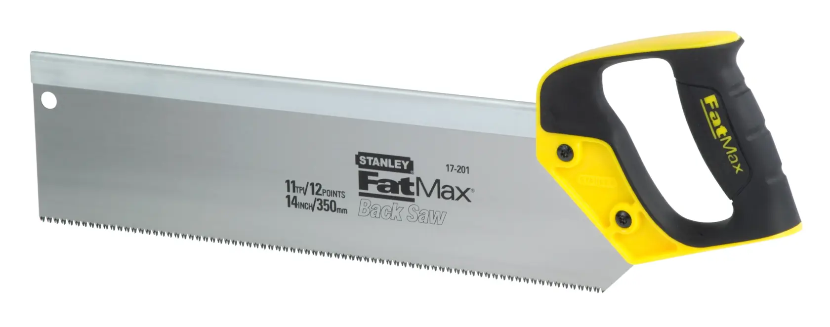 Photo of STANLEY 2-17-201 back saw with yellow and black ergonomic handle, silver 350mm blade, side view on white.
