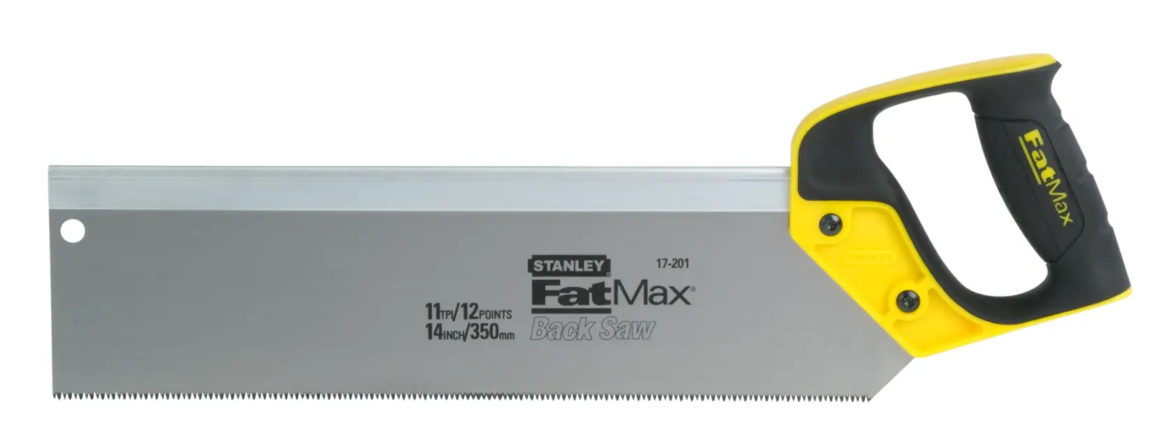STANLEY 2-17-201 hand saw, FatMax backsaw with yellow and black handle, silver blade, side view on white.
