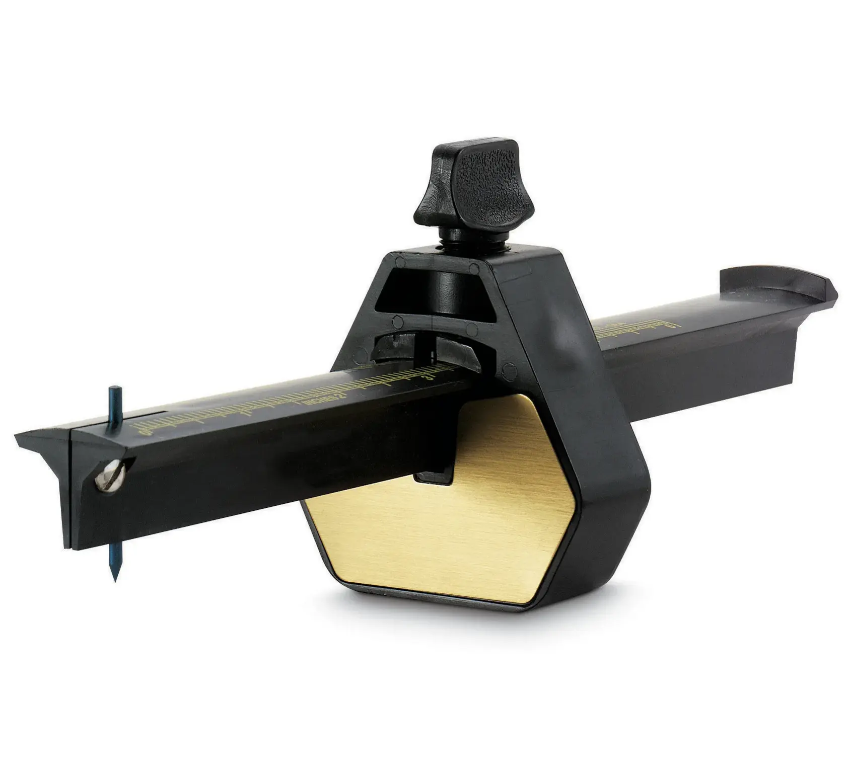 STANLEY 2-47-064 marking gauge with black plastic body, yellow brass plate, side angle on white background.