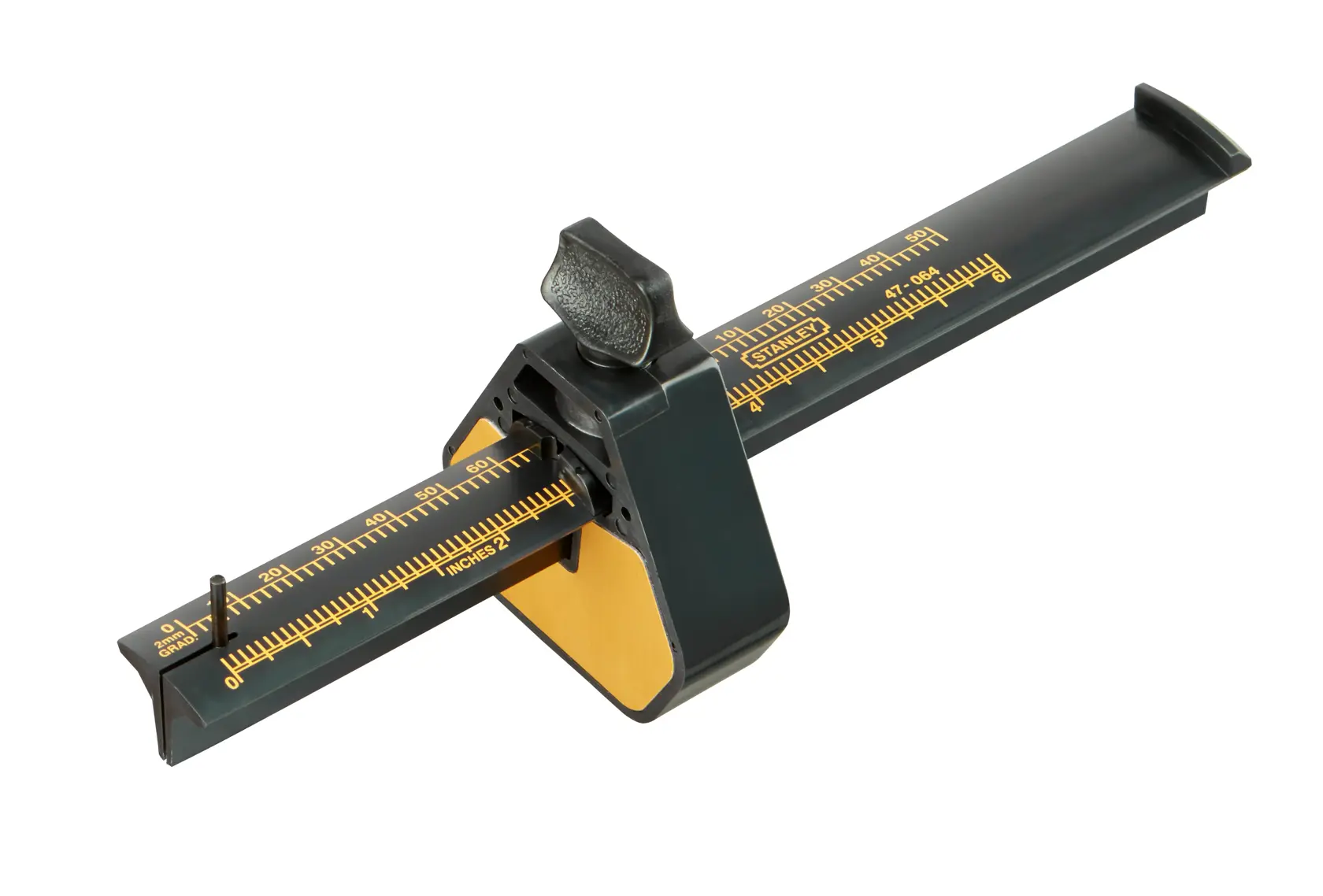 Black and yellow marking gauge tool with ruler and adjustable slider for precise measurements.
