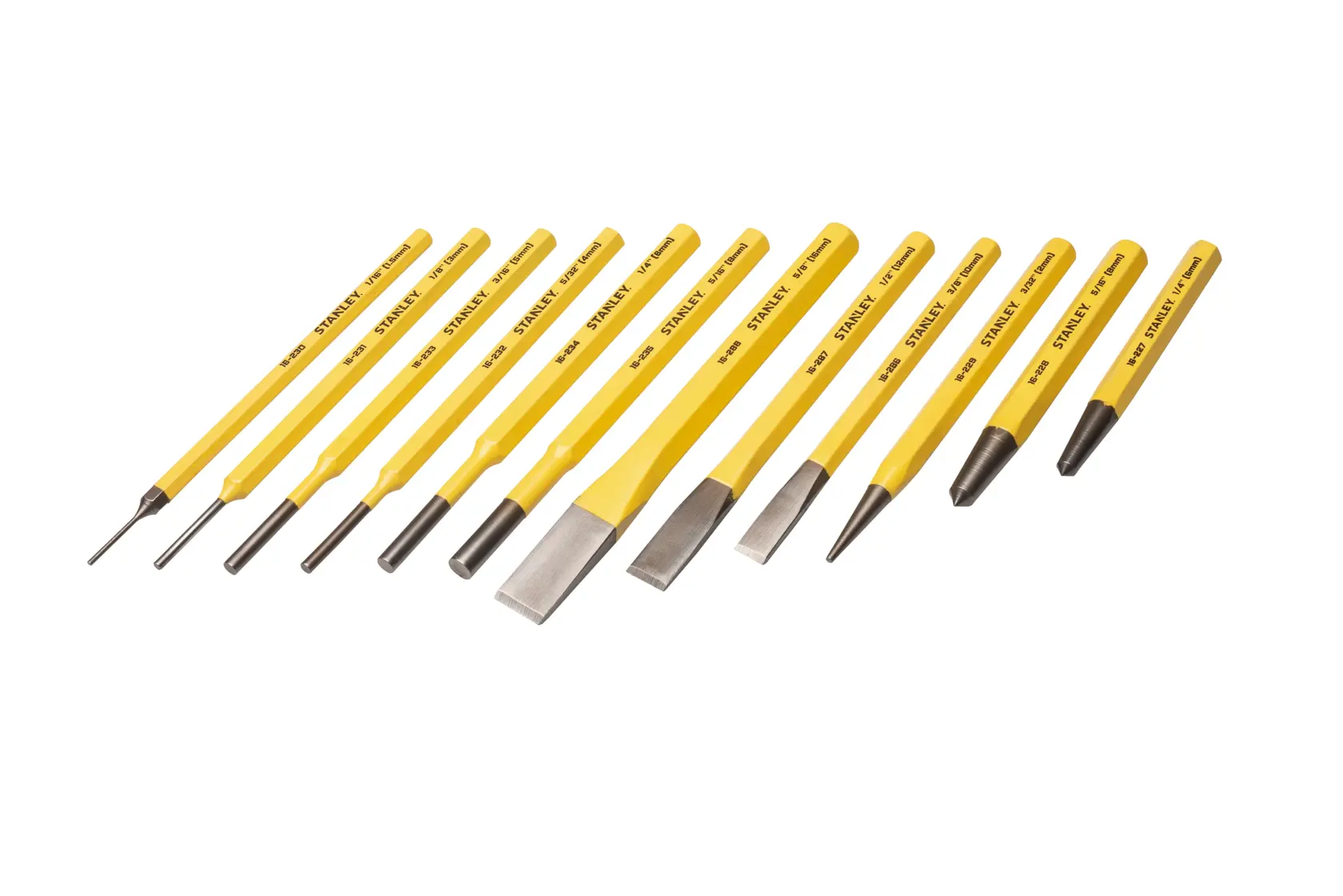 Set of 12 yellow-handled steel punches and chisels arranged in a row on a white background.