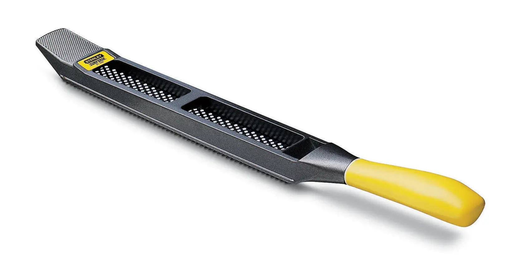 STANLEY 5-21-295 hand rasp with yellow handle, metal body, product photo at angle on white background.