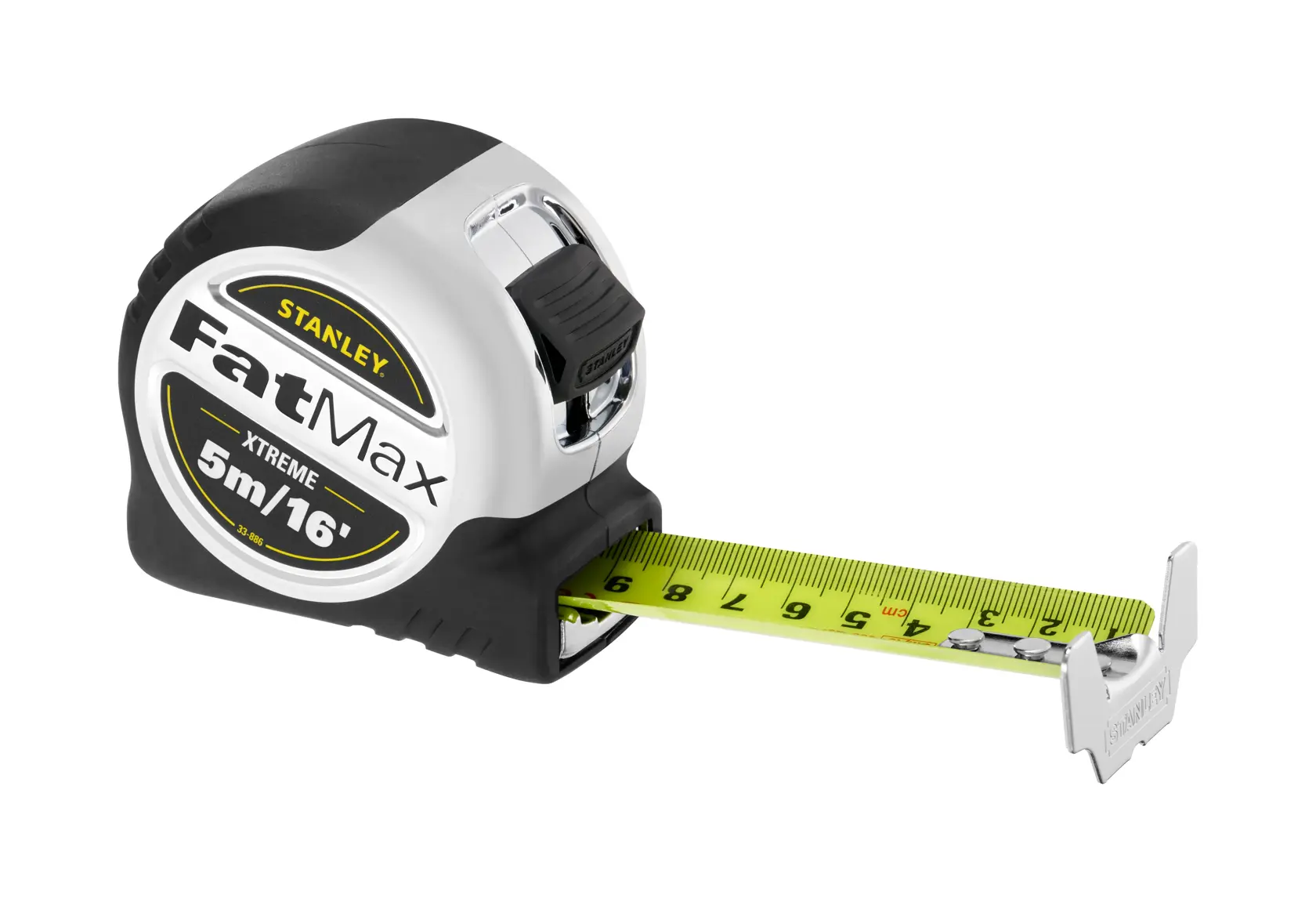 STANLEY 5-33-886 FatMax XTREME tape measure, 5m/16ft, yellow blade, side angle, photography.