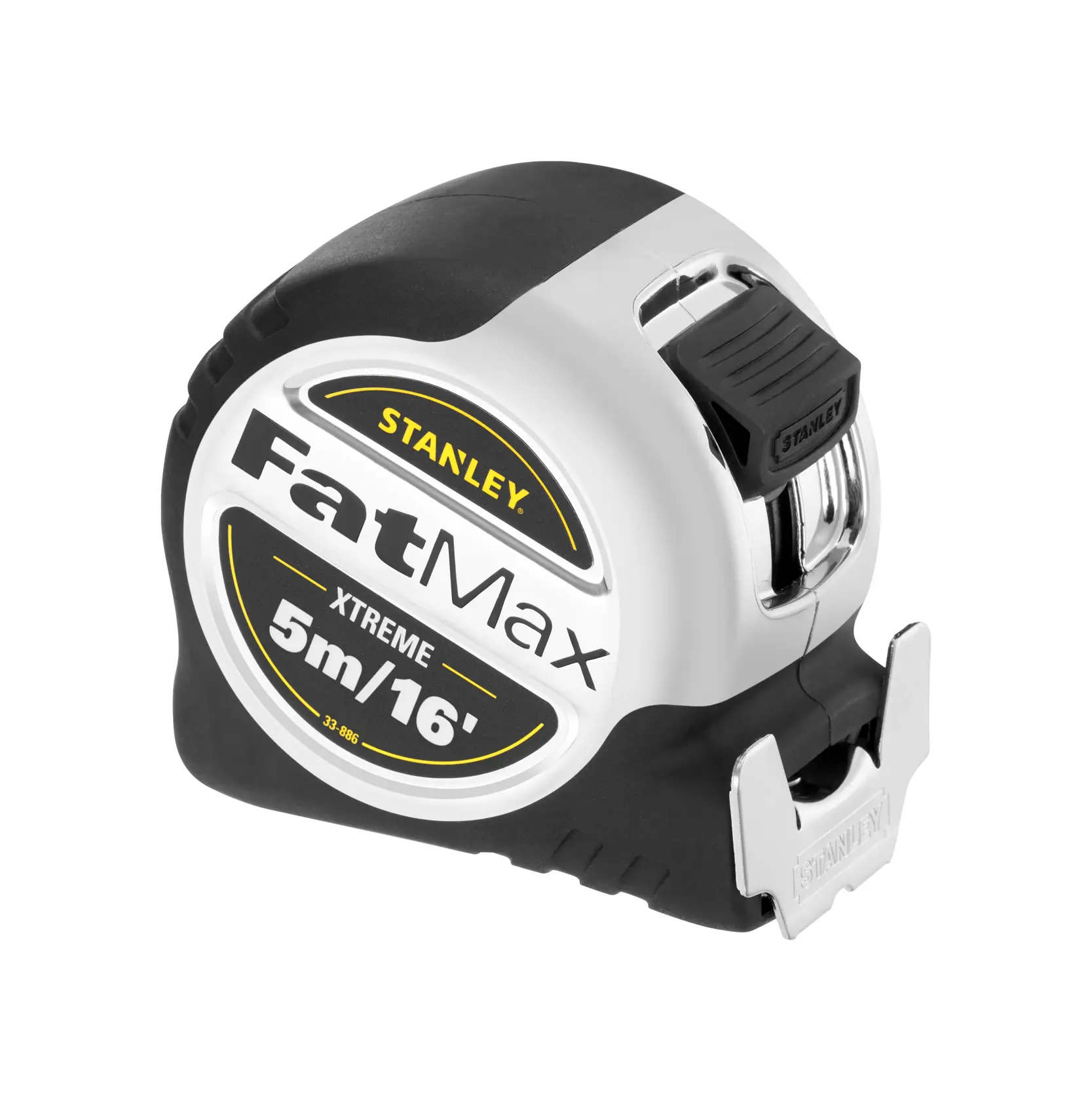 STANLEY 5-33-886 FatMax Xtreme tape measure, 5m/16ft, black and silver, front angle on white background.