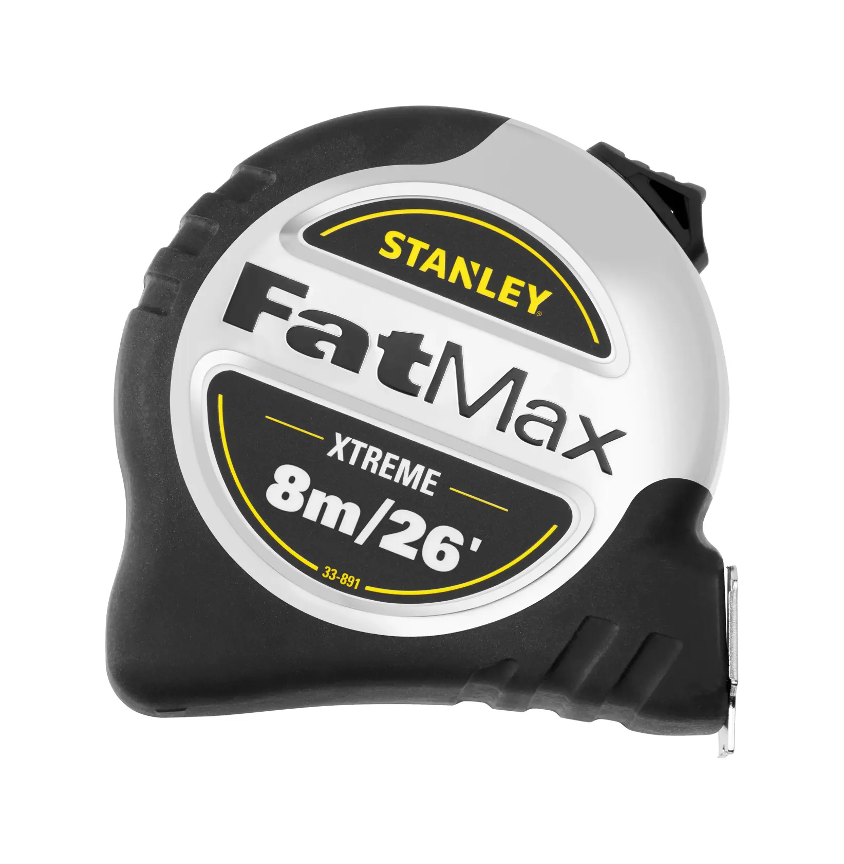 Stanley FatMax Xtreme tape measure with 8m/26ft length in black and silver casing.
