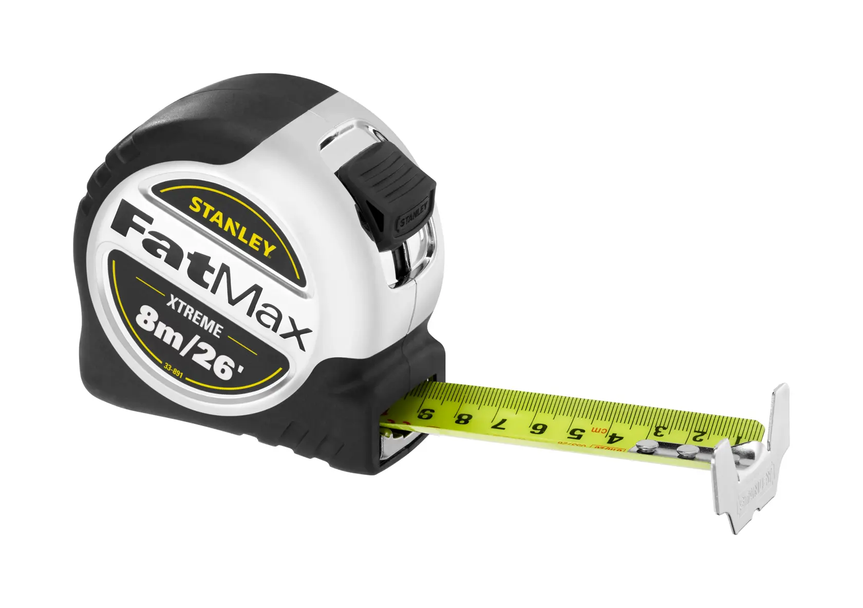 Stanley FatMax Xtreme tape measure, 8m/26ft length, black and silver body with yellow measuring tape.