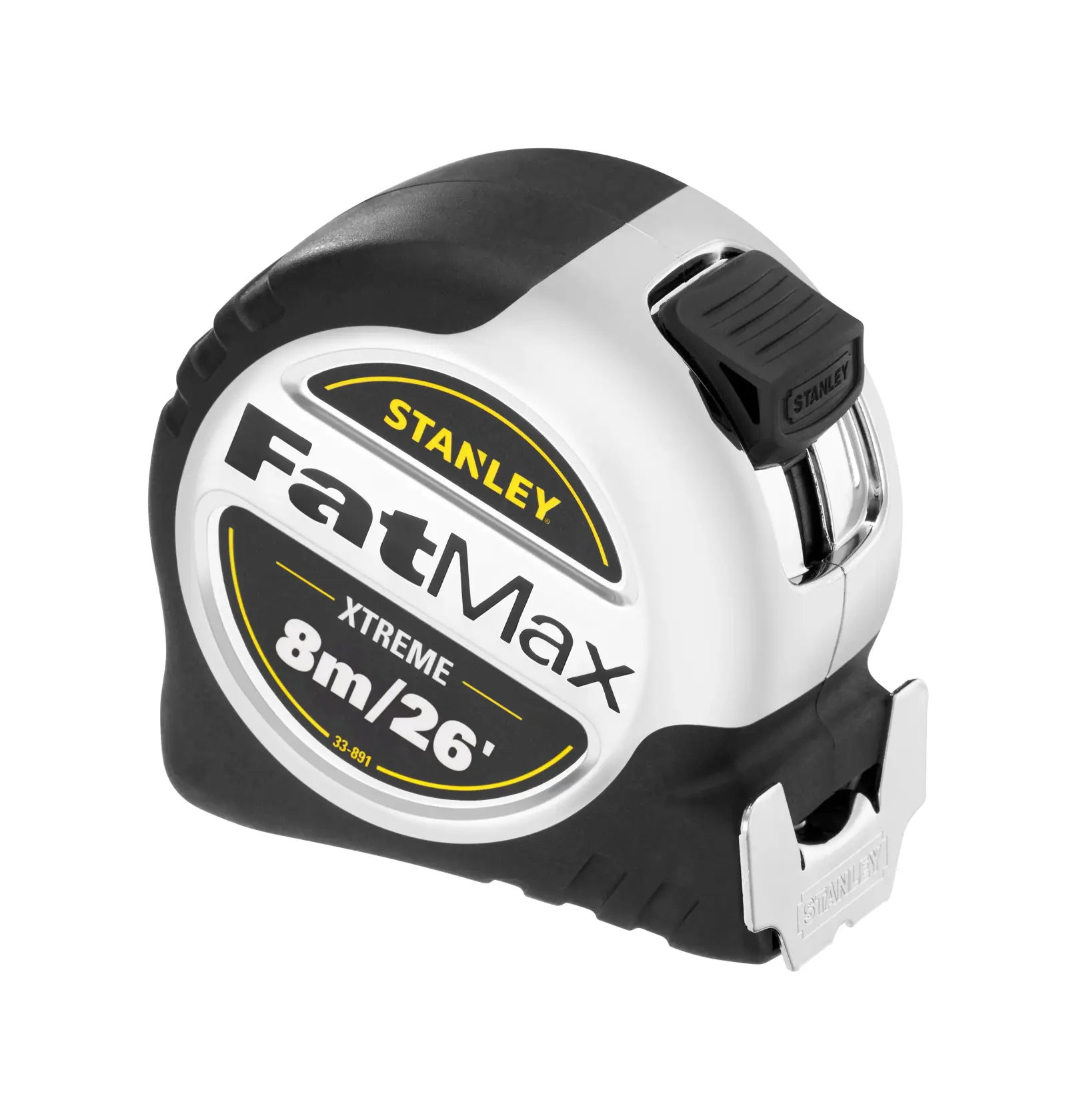 Stanley FatMax Xtreme tape measure, 8m/26ft length, with black and silver casing.