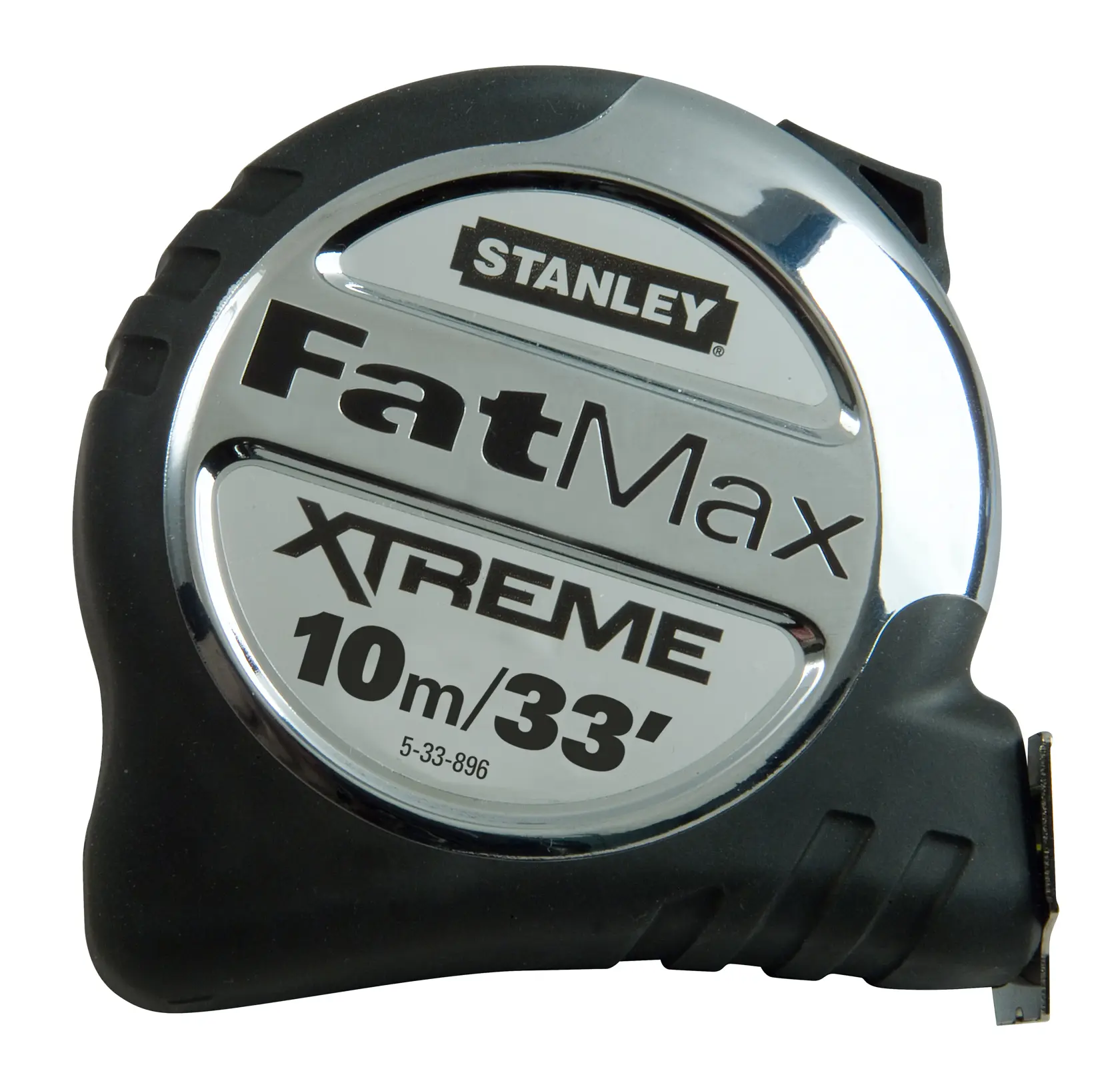 STANLEY 5-33-896 tape measure, FatMax Xtreme, 10m/33ft, silver and black, front angle, photography product.