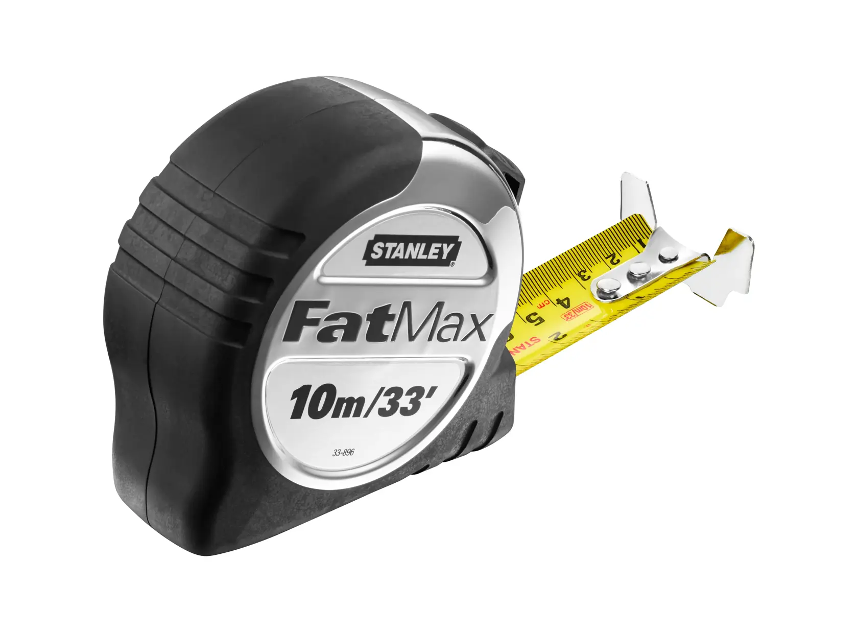 Stanley 5-33-896 FatMax tape measure, 10m/33ft, black and silver, angled view, white background.