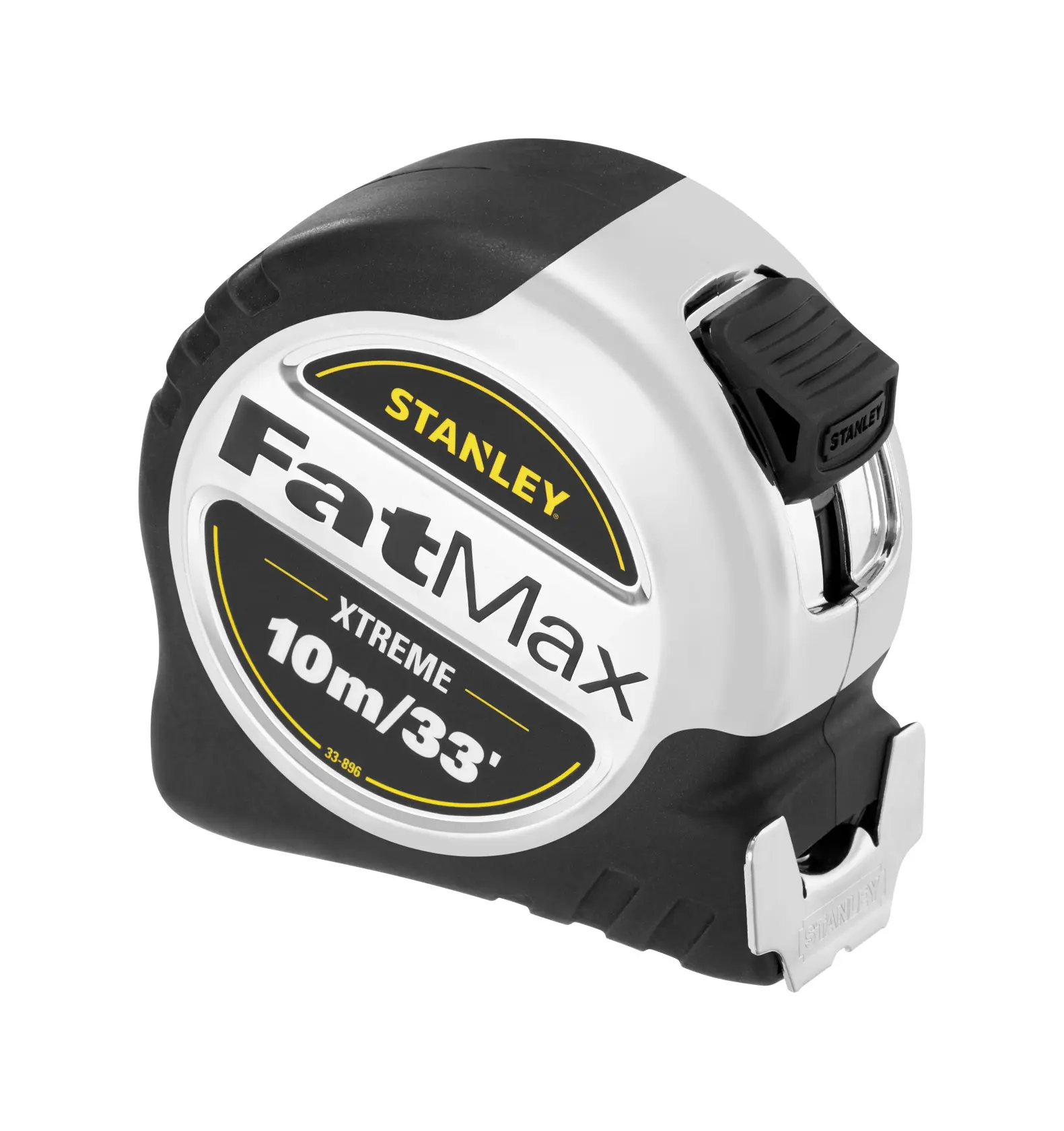 STANLEY 5-33-896 tape measure FatMax XTREME 10m/33ft, black and silver, angled view on white background.