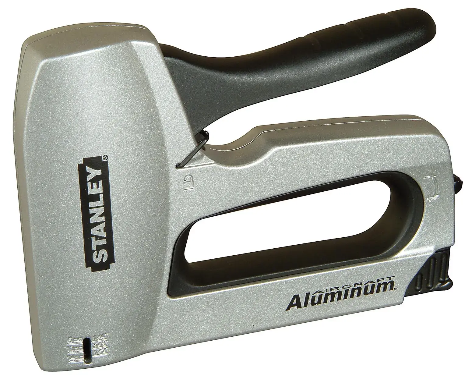 STANLEY 6-TR150HL aluminum staple gun side view, silver body with black handle, product photography on white background.