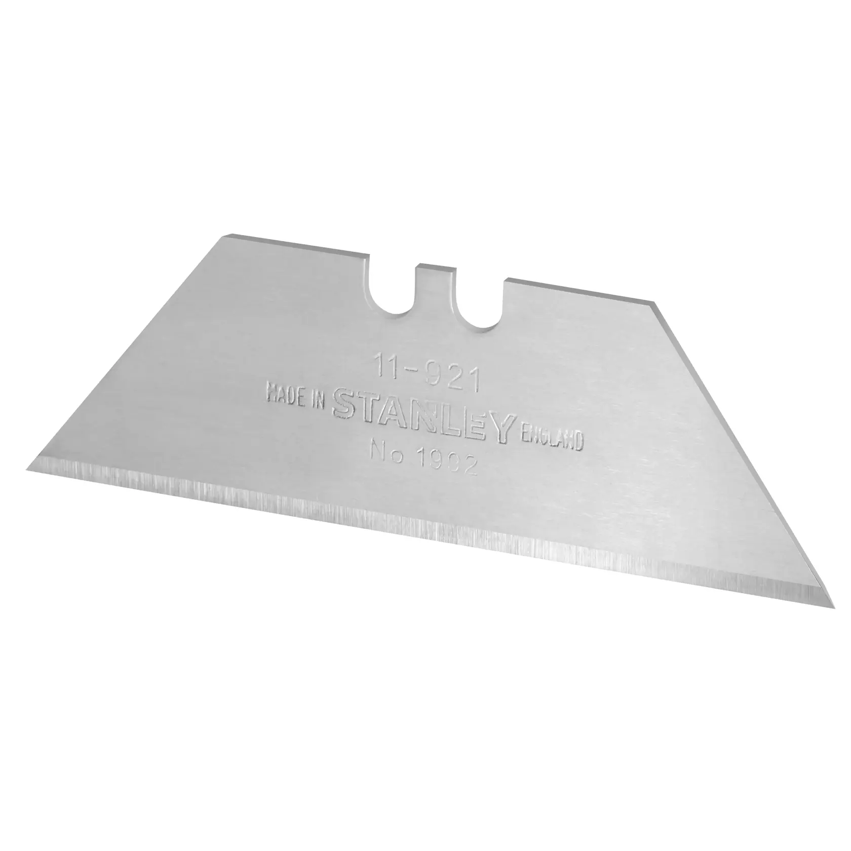 Photo of STANLEY 8-11-921 silver utility knife blade, angled view on white background.