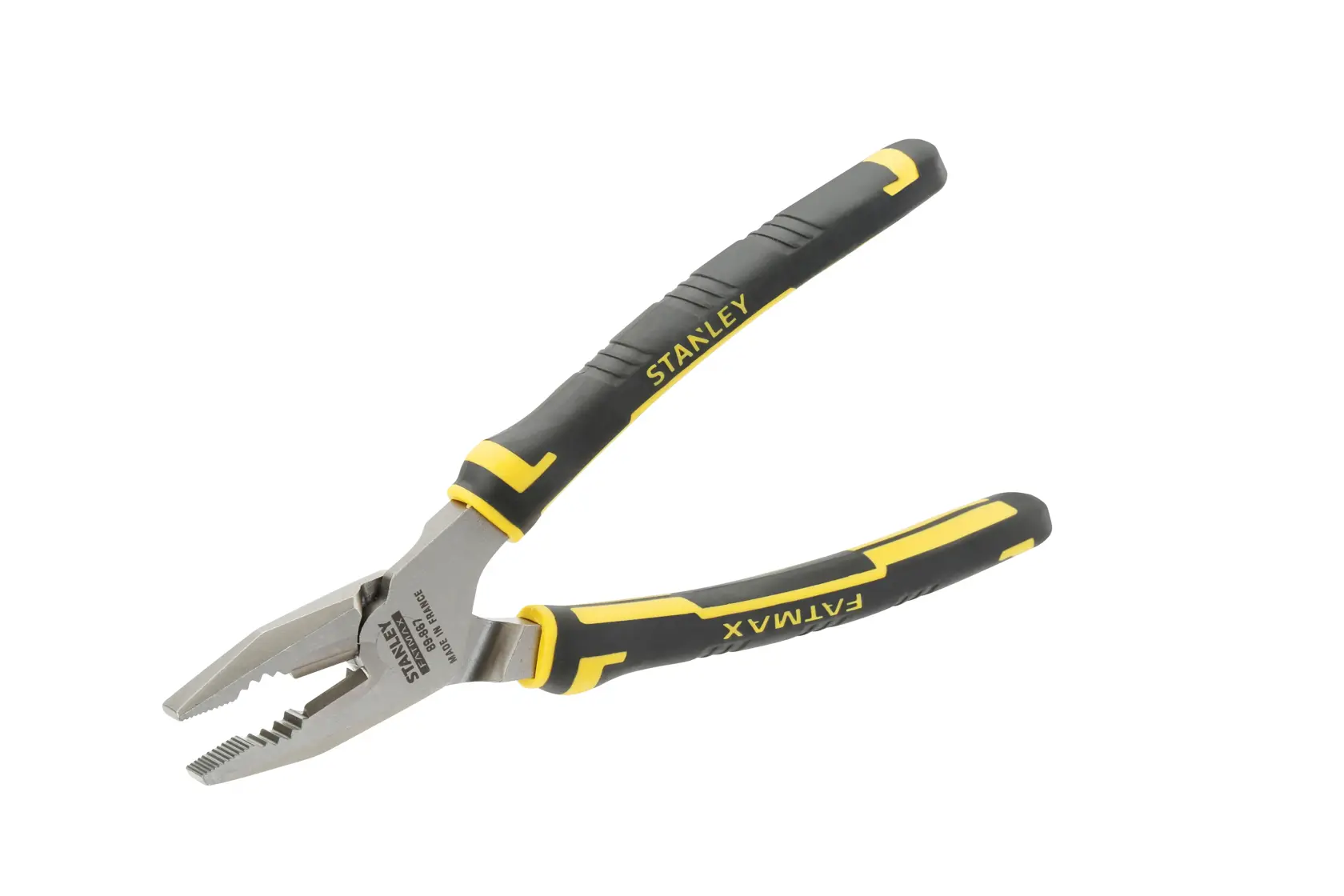Stanley FatMax pliers with black and yellow handles shown against a white background.