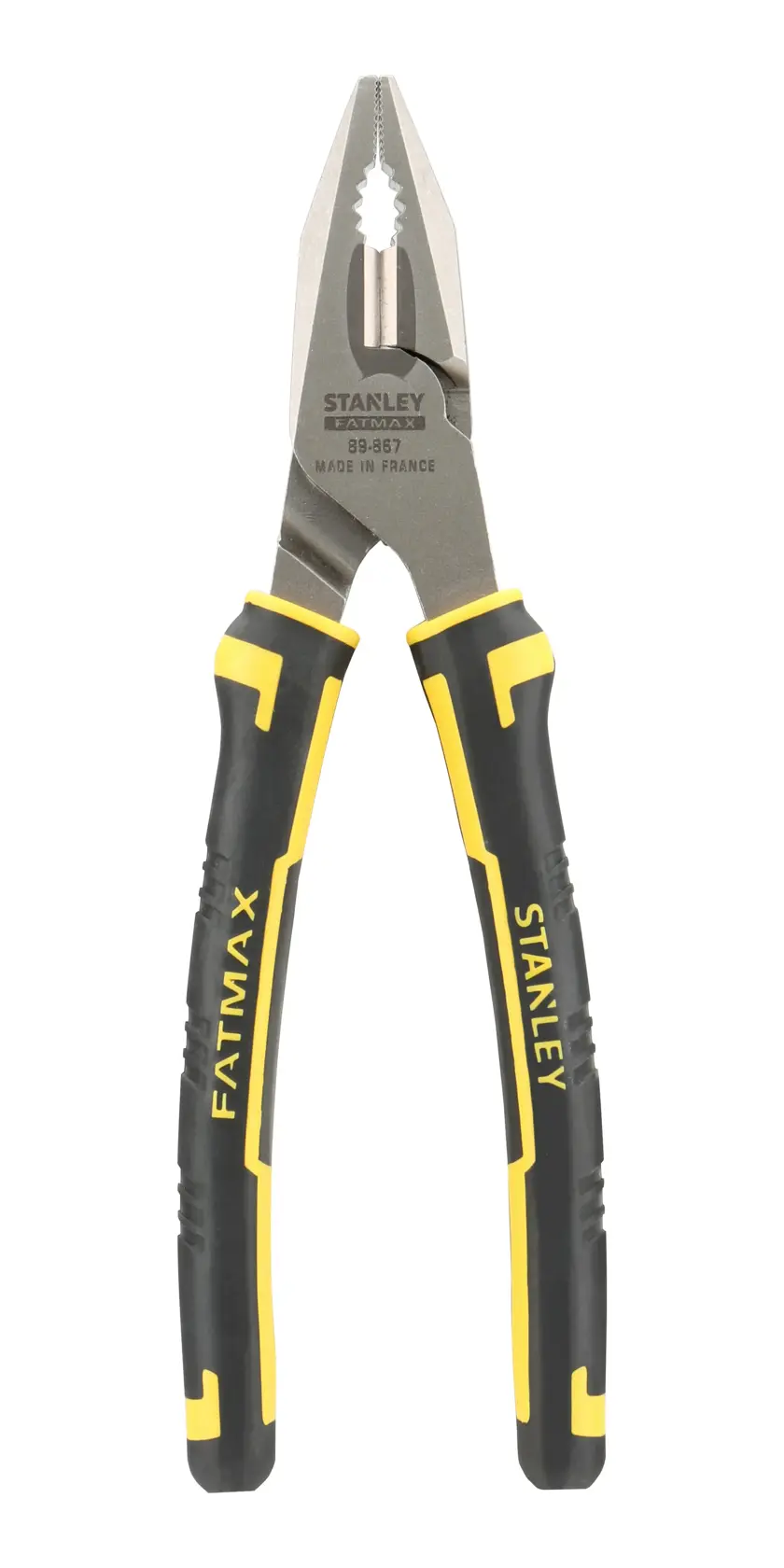 STANLEY 89-867 photography of FATMAX combination pliers with black and yellow handles, front view.