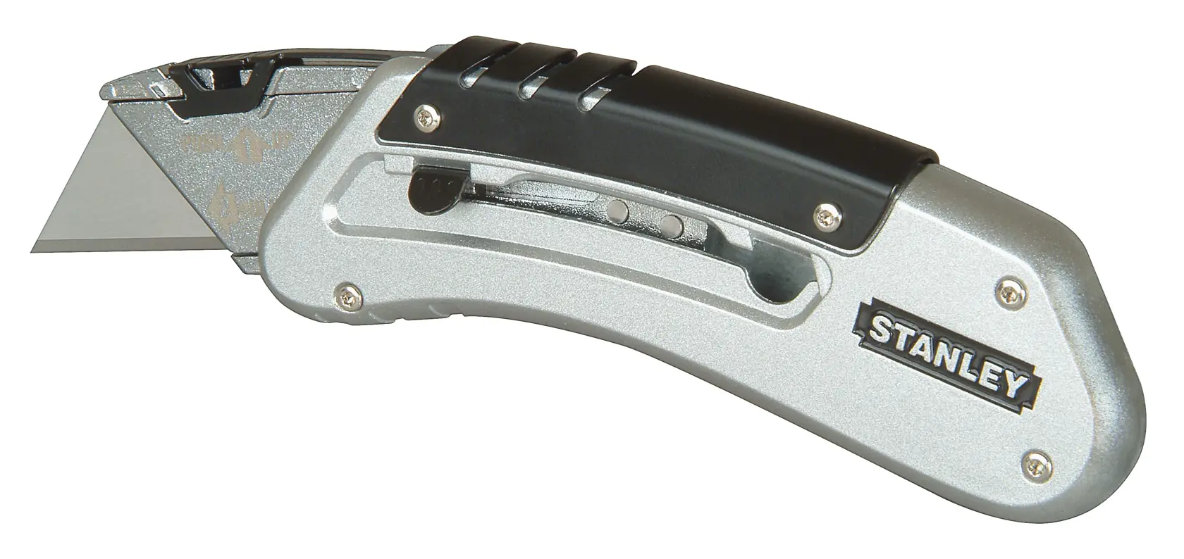STANLEY 9-10-810 utility knife, silver and black handle, left side view on white background.