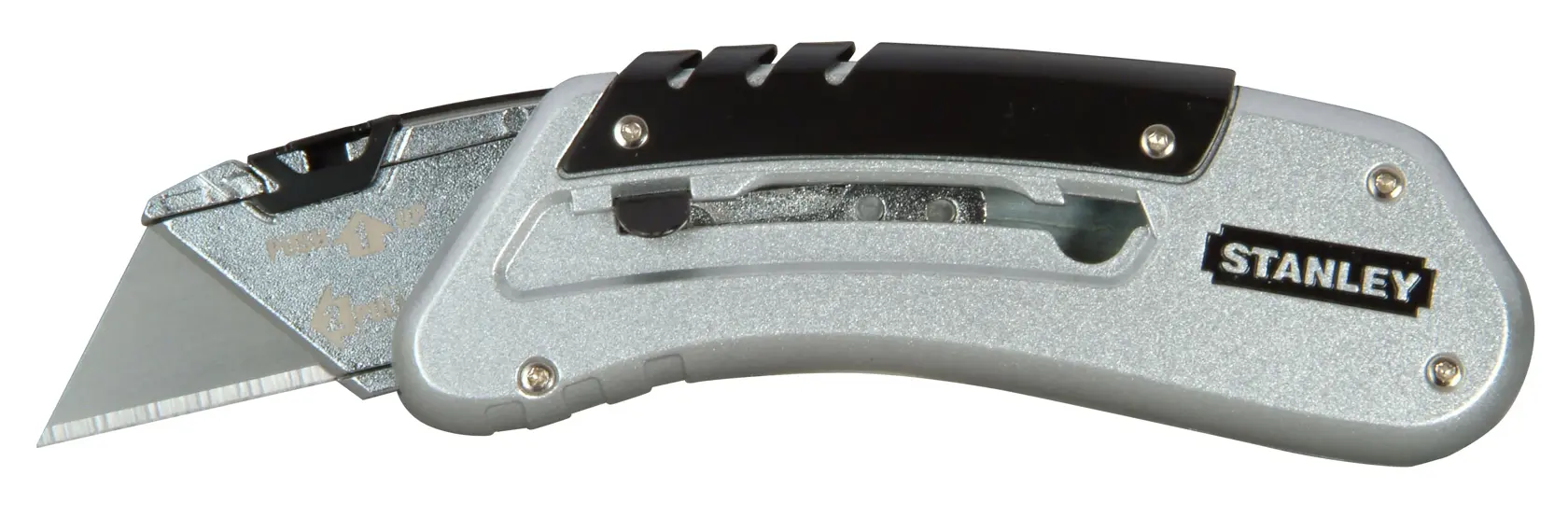 Stanley folding utility knife with silver and black handle, showing exposed blade on a white background.