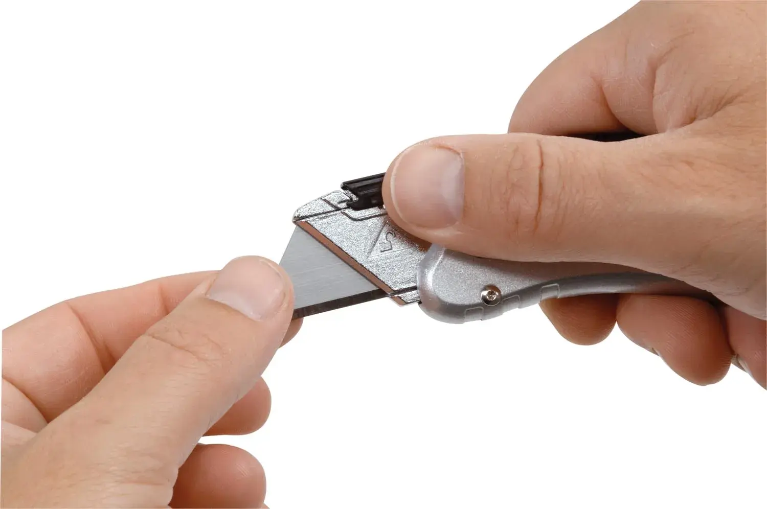 STANLEY 9-10-810 utility knife held in hands, showing blade replacement, close-up, product photography.