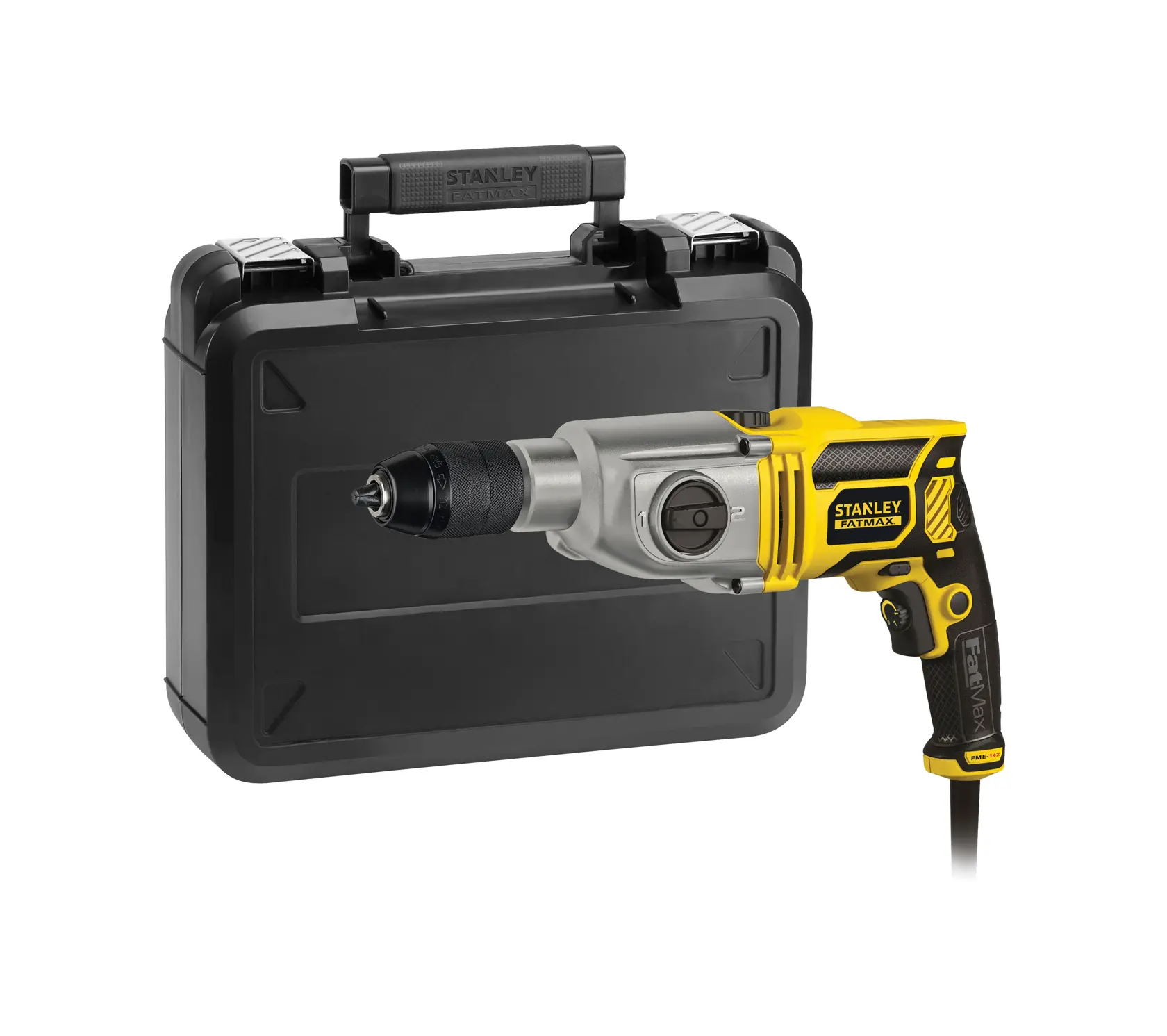 STANLEY FME142K corded hammer drill photographed with black carrying case, front angle.