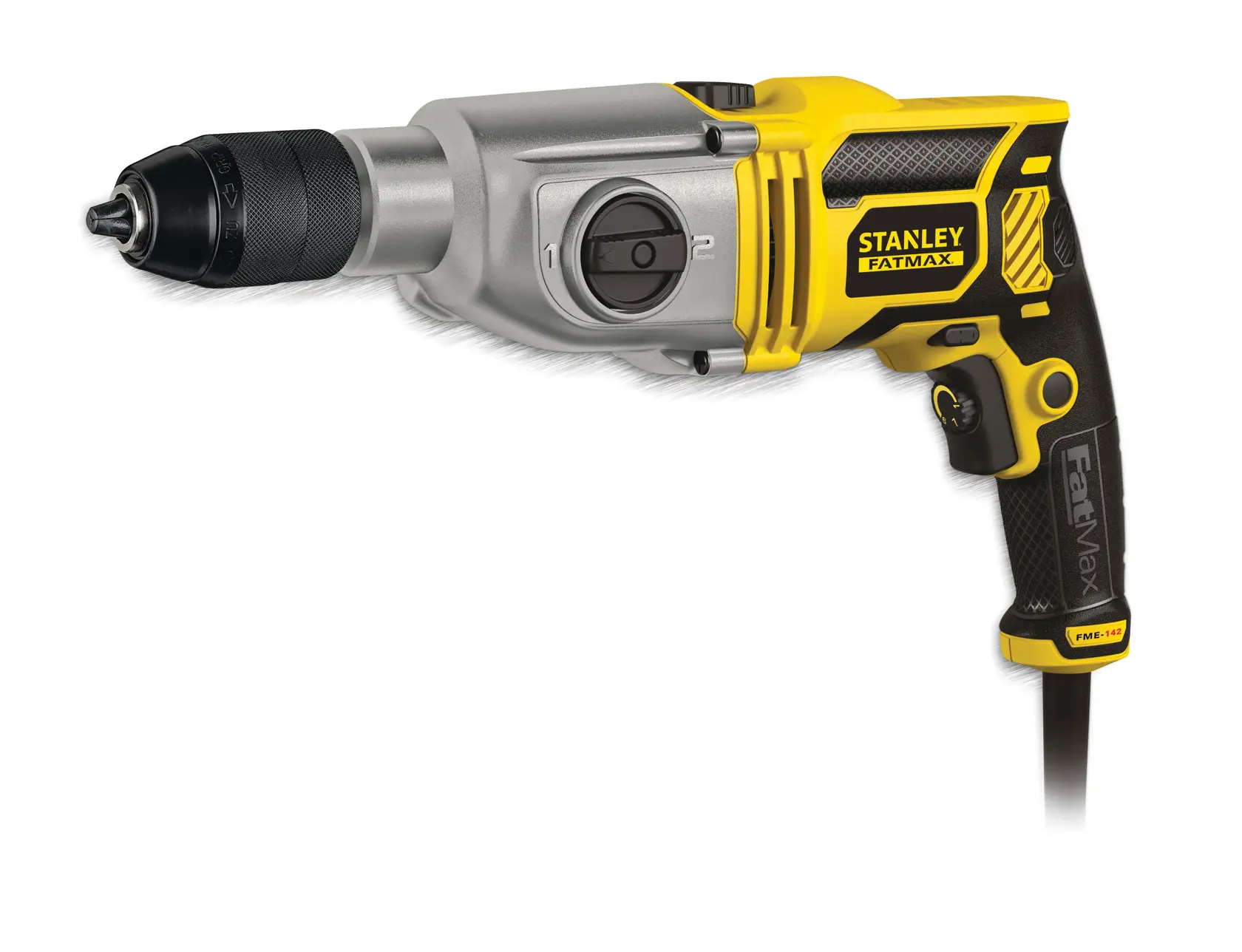Photo of STANLEY FME142K corded drill with black and yellow design, side profile on white background.