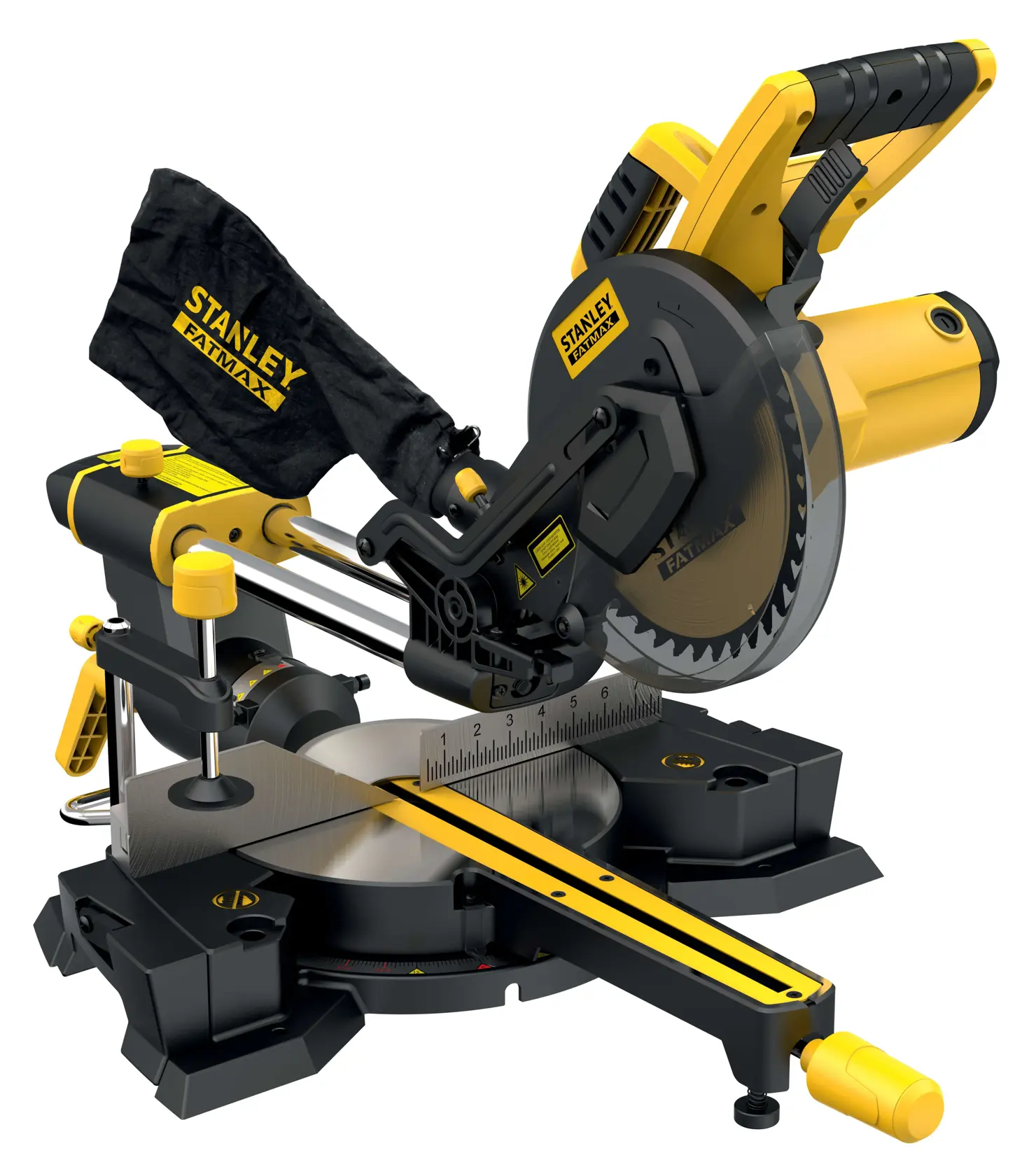 STANLEY FME721 miter saw with yellow and black design, dust bag, and angle guide on white background, side angle.