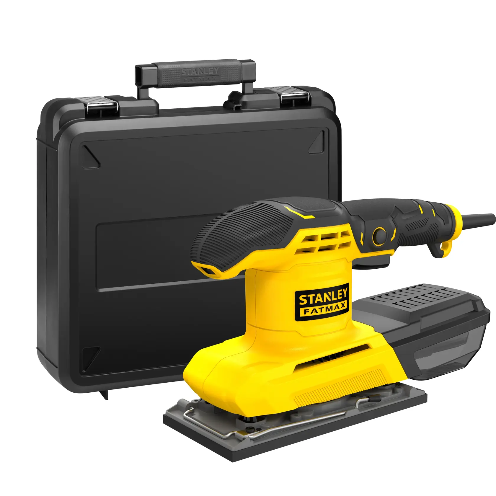 STANLEY FMEW214K sheet sander, yellow and black, side angle on white background.