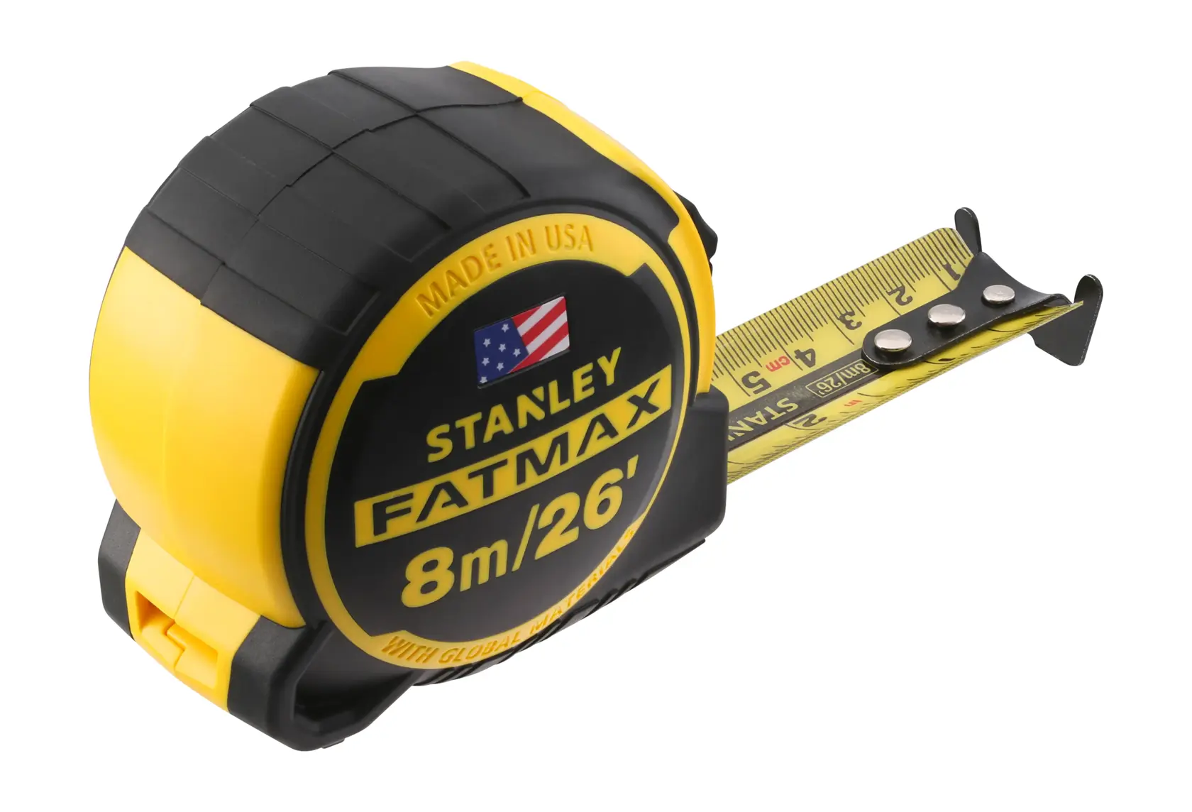 Stanley FatMax tape measure, black and yellow, 8m/26ft length, with extended measuring tape.