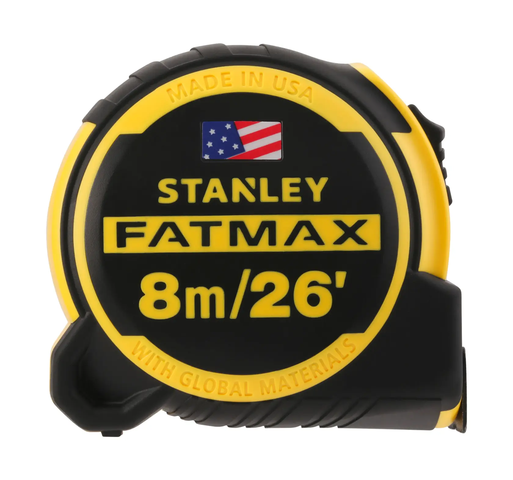 Stanley FATMAX tape measure, 8m/26ft, black and yellow case, Made in USA, with global materials.