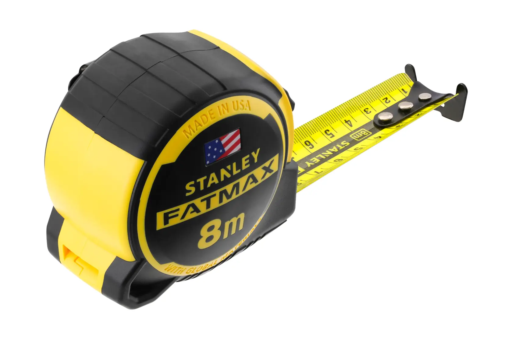 STANLEY FMHT0-36327 tape measure, FATMAX 8m, black and yellow case, front angle, extended yellow blade.