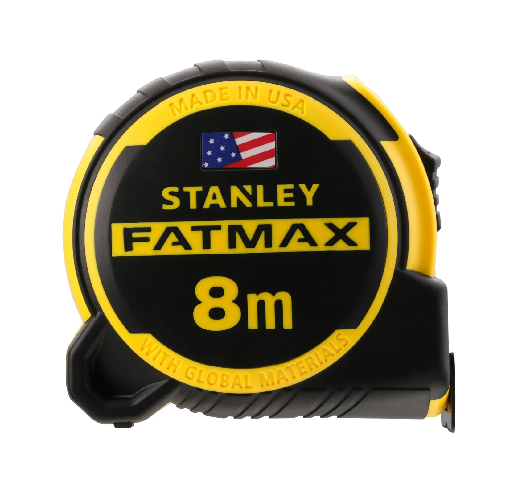 Photo of STANLEY FATMAX FMHT0-36327 8m tape measure, black and yellow, front view on white background.
