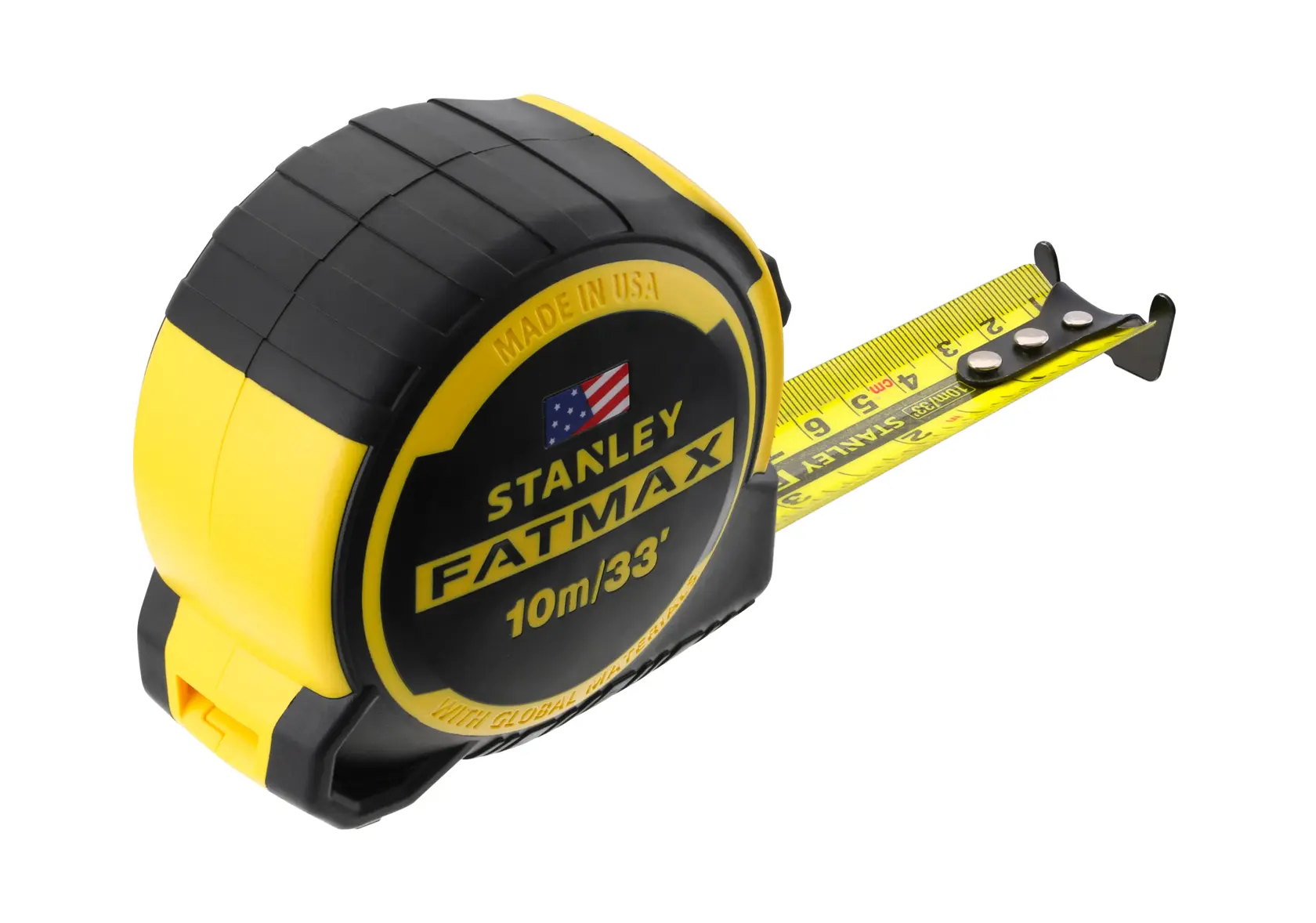 Stanley FatMax yellow and black tape measure showing 10m/33ft on its extended yellow blade.