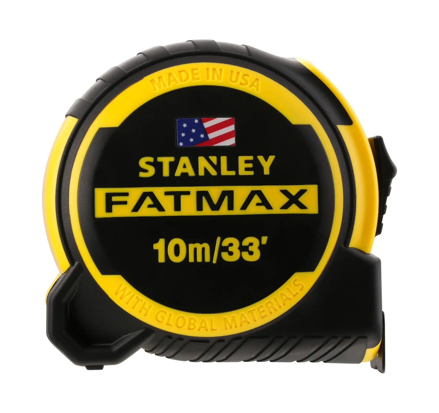 Stanley FatMax tape measure, 10m/33', black and yellow casing, made in USA, global materials.