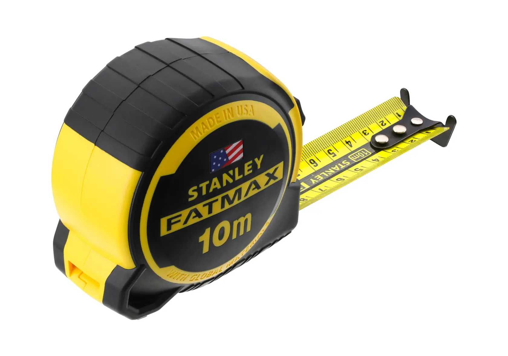 Stanley FatMax 10m tape measure with yellow and black casing and extended yellow measuring tape.