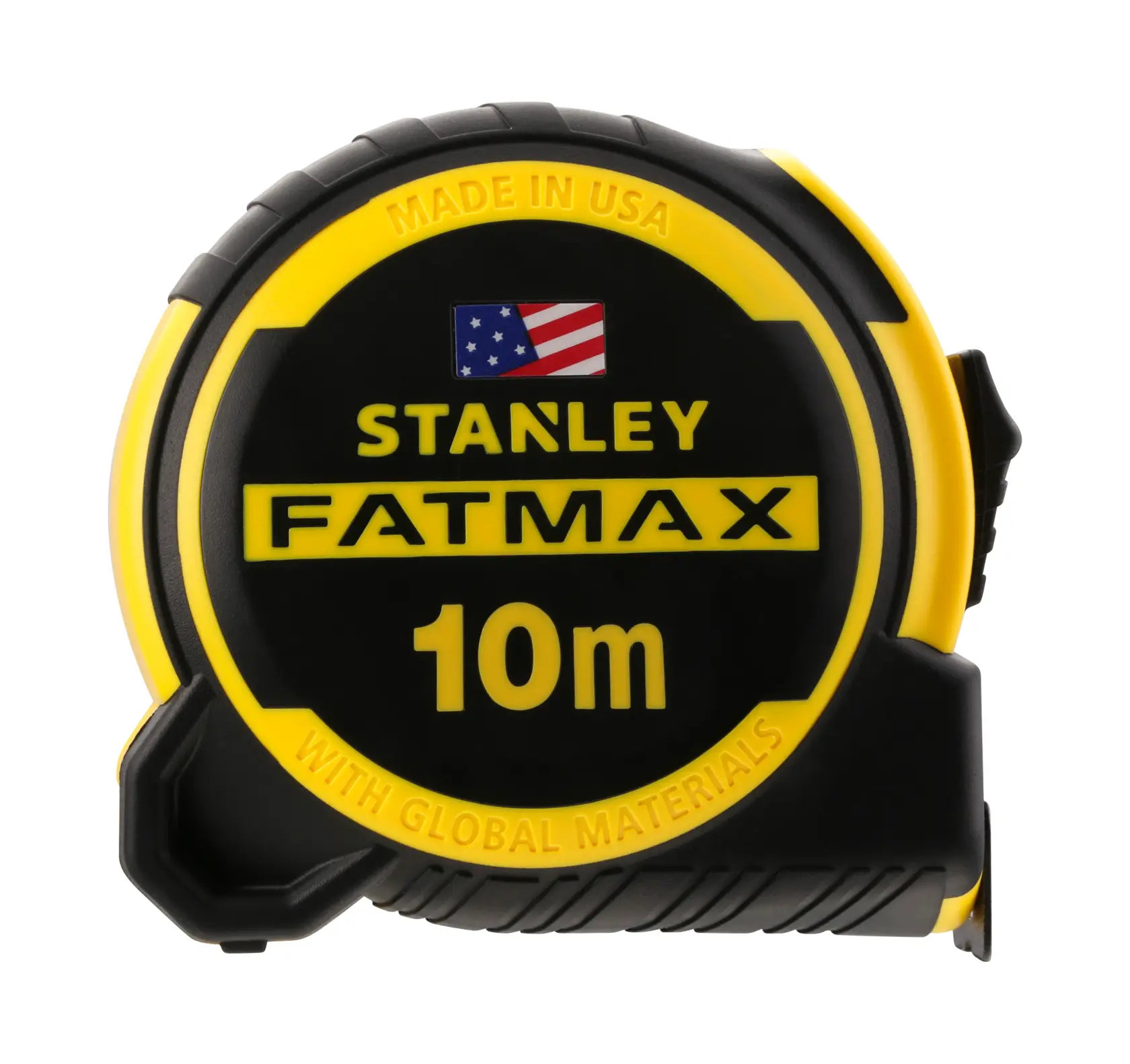 Stanley FatMax 10m yellow and black measuring tape, marked Made in USA, compact design.