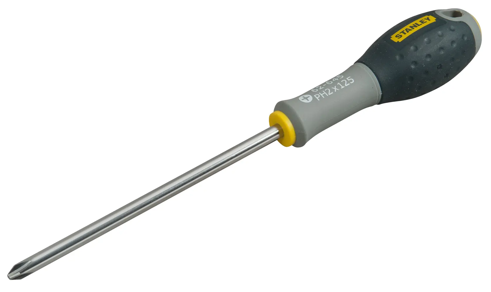Stanley PH2 screwdriver with grey and black handle and long metal shaft, shown on white background.