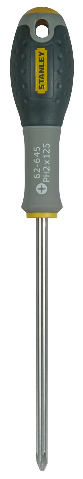 Photo of STANLEY FMHT0-62645 Phillips screwdriver with black and yellow handle, front view on white background.