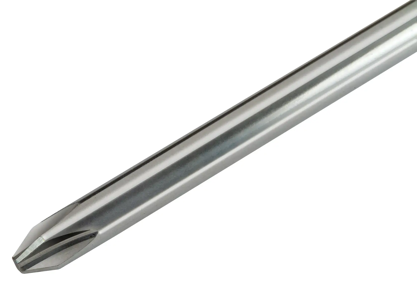 Close-up of a metal Phillips screwdriver shaft and tip on a white background.