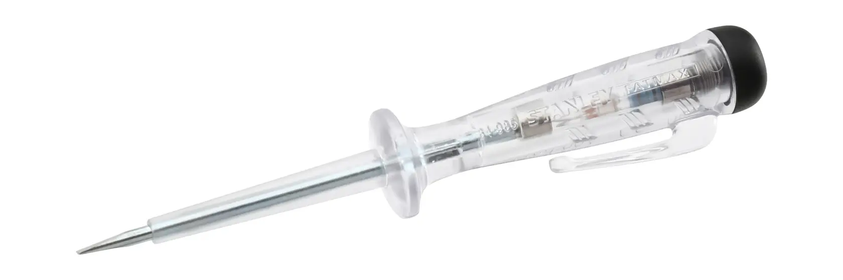 Stanley voltage tester with clear handle and metal tip, designed for electrical circuit testing.
